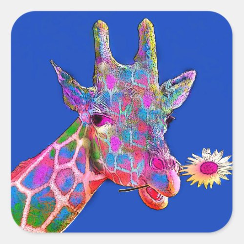 Giraffe of Many Colors with Flower Square Sticker