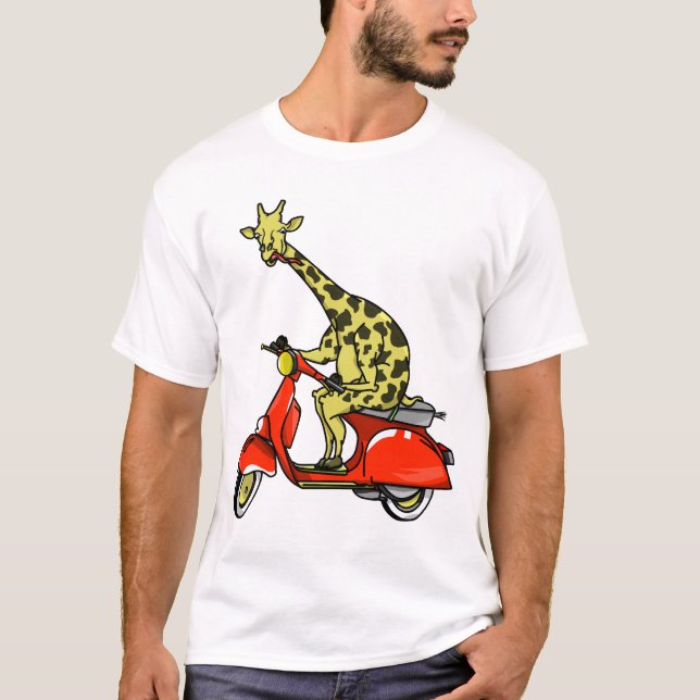 Giraffe on a red retro moped T-Shirt (Front)