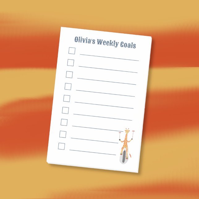 Giraffe on a Unicycle Kid Goals Notes (Personalized kids sticky notes featuring a cartoon giraffe on a unicycle . )