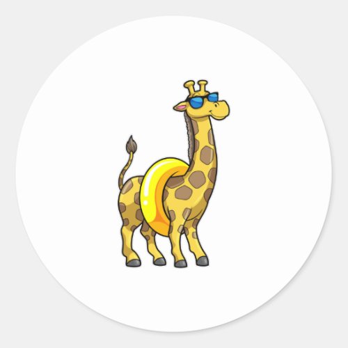 Giraffe on Beach with Swim ring  Sunglasses Classic Round Sticker
