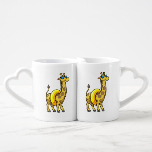 Giraffe on Beach with Swim ring  Sunglasses Coffee Mug Set