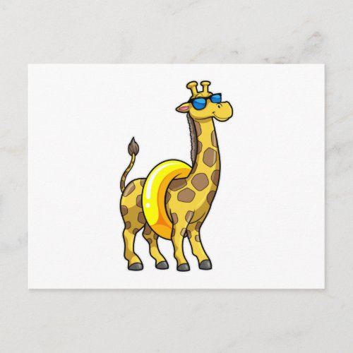 Giraffe on Beach with Swim ring  Sunglasses Postcard