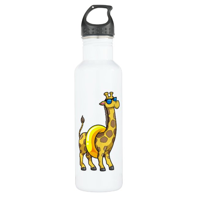 Giraffe on Beach with Swim ring & Sunglasses Stainless Steel Water Bottle (Front)