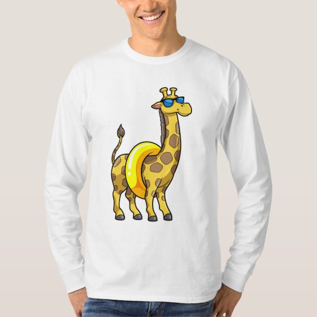 Giraffe on Beach with Swim ring & Sunglasses T-Shirt (Front)