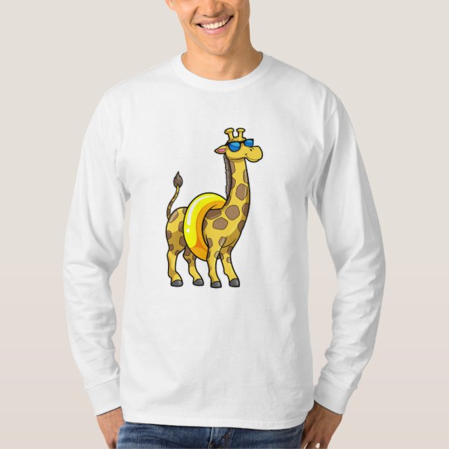 Giraffe on Beach with Swim ring & Sunglasses T-Shirt (Front)