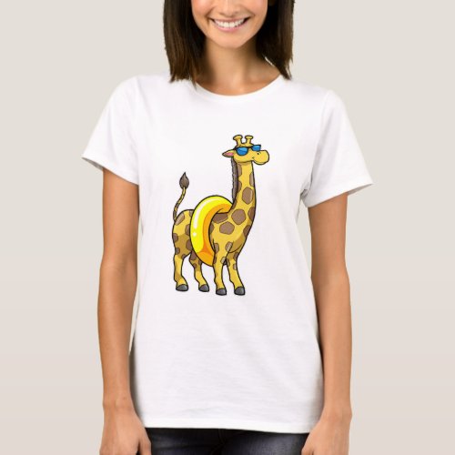 Giraffe on Beach with Swim ring  Sunglasses T_Shirt