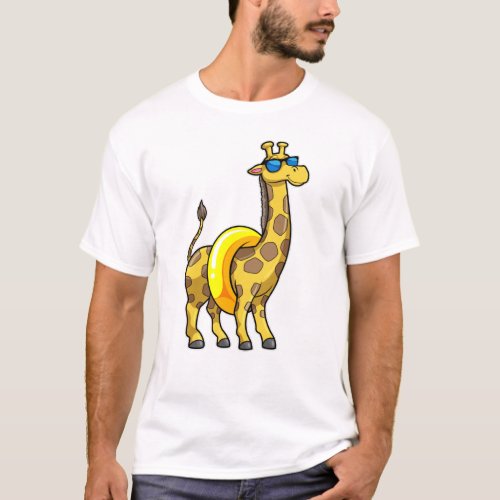 Giraffe on Beach with Swim ring  Sunglasses T_Shirt