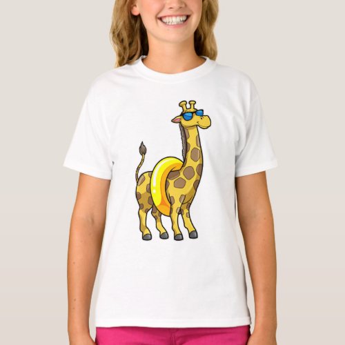 Giraffe on Beach with Swim ring  Sunglasses T_Shirt