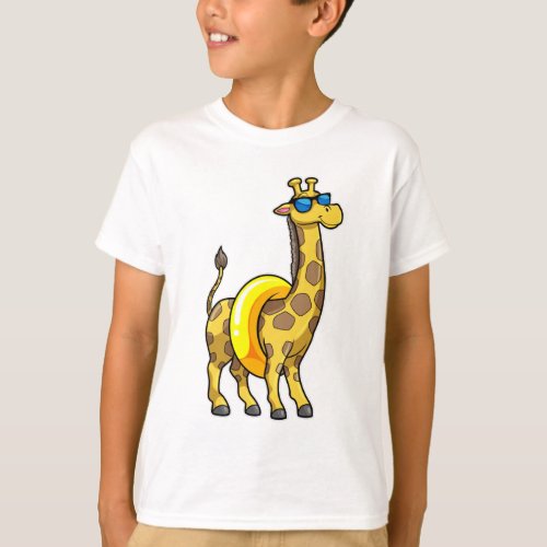 Giraffe on Beach with Swim ring  Sunglasses T_Shirt