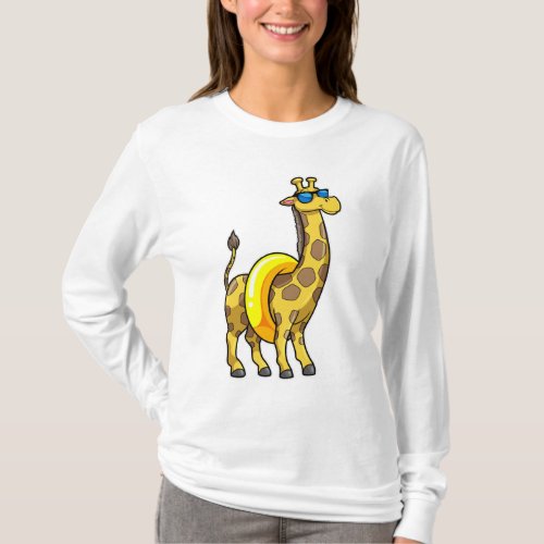 Giraffe on Beach with Swim ring  Sunglasses T_Shirt