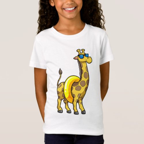 Giraffe on Beach with Swim ring  Sunglasses T_Shirt