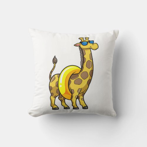 Giraffe on Beach with Swim ring  Sunglasses Throw Pillow