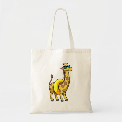 Giraffe on Beach with Swim ring  Sunglasses Tote Bag