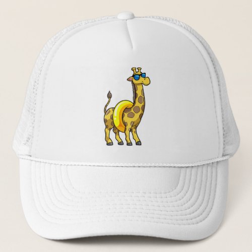 Giraffe on Beach with Swim ring  Sunglasses Trucker Hat