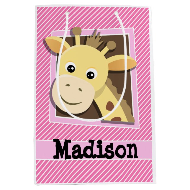 Giraffe on Pink & White Stripes Medium Gift Bag (Front)