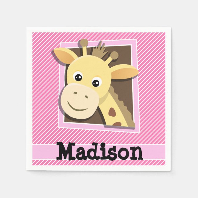 Giraffe on Pink & White Stripes Paper Napkins (Front)