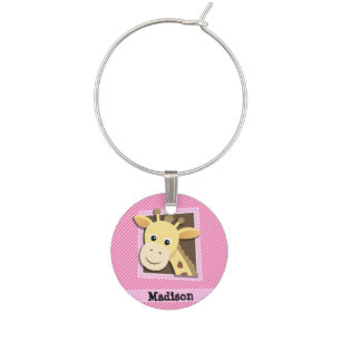 Giraffe on Pink & White Stripes Wine Glass Charm