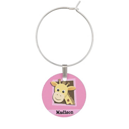 Giraffe on Pink  White Stripes Wine Glass Charm