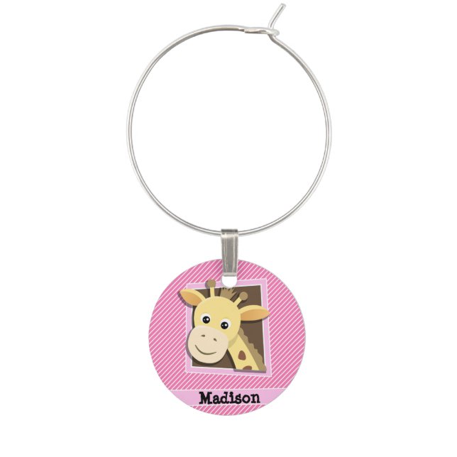 Giraffe on Pink & White Stripes Wine Glass Charm (Front)