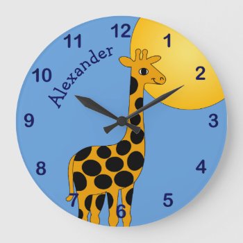 Giraffe On Sunny Day With Child's Name Large Clock by colorwash at Zazzle