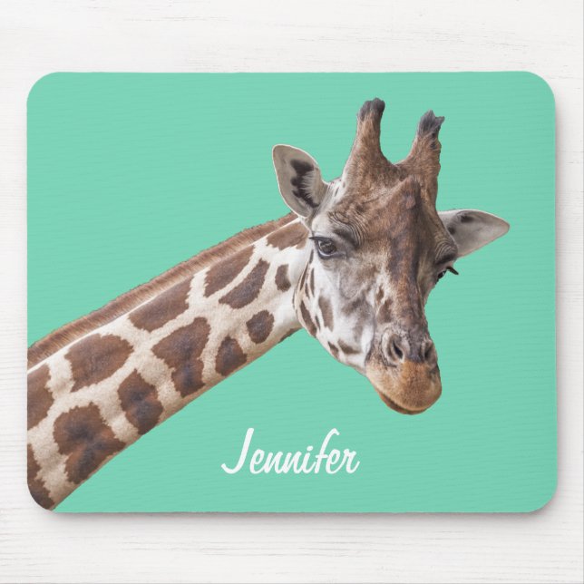 Giraffe on Teal Green Personalized Name Mouse Pad (Front)