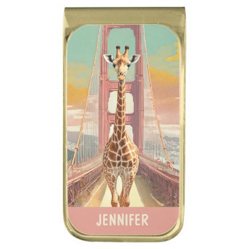 Giraffe on the Golden Gate Bridge San Francisco Gold Finish Money Clip