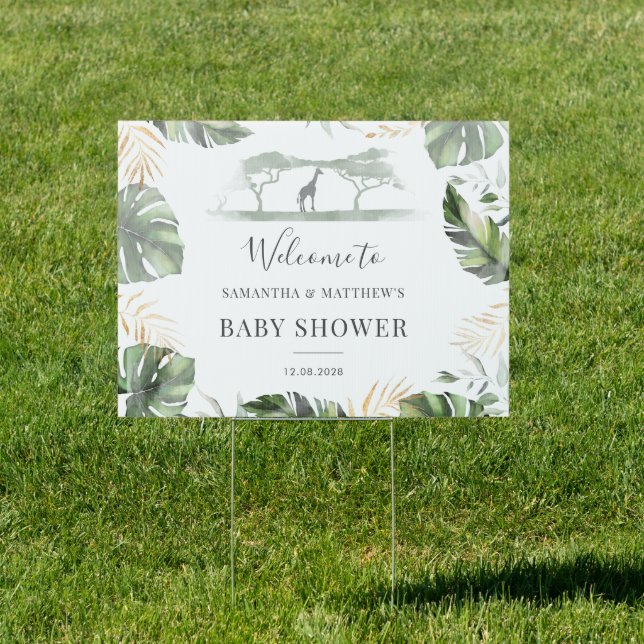 Giraffe Palm Leaves Couples Baby Shower Welcome Sign (Insitu)
