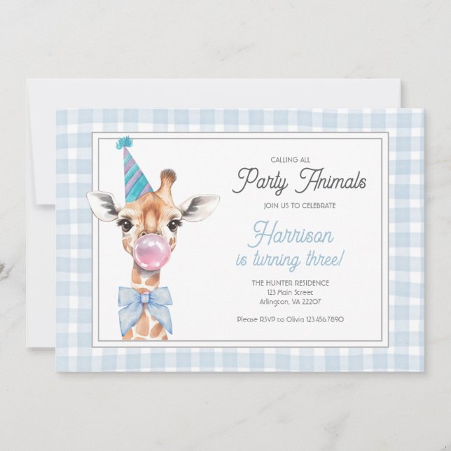 Giraffe Party Animal Birthday Invitation – Blue (Front)