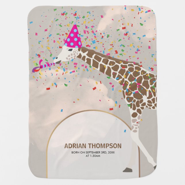 Giraffe Partying Safari Birthday Stat Nursery Baby Blanket (Front)