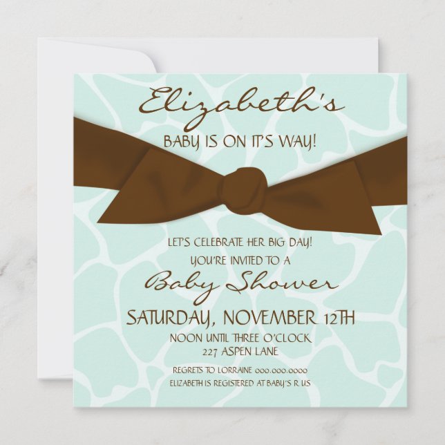 Giraffe Pattern Baby Shower Invite with Brown Bow (Front)