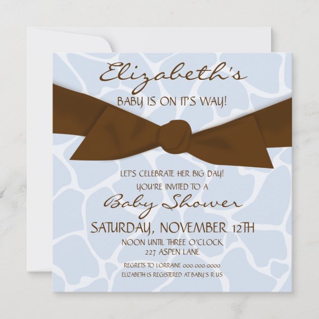 Giraffe Pattern Baby Shower Invite with Brown Bow (Front)