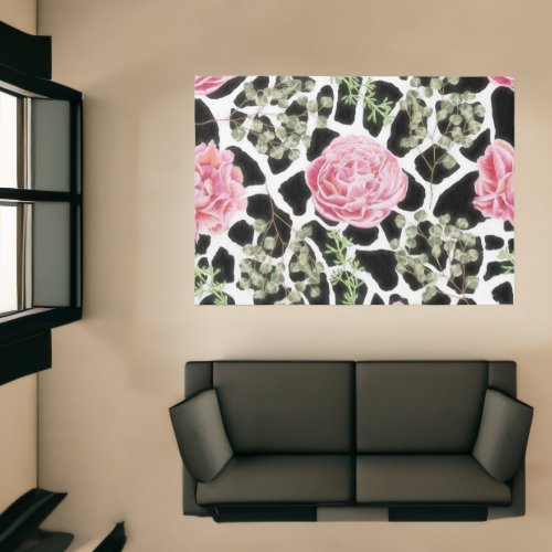 Giraffe Pattern Black and White With Pink Roses Rug