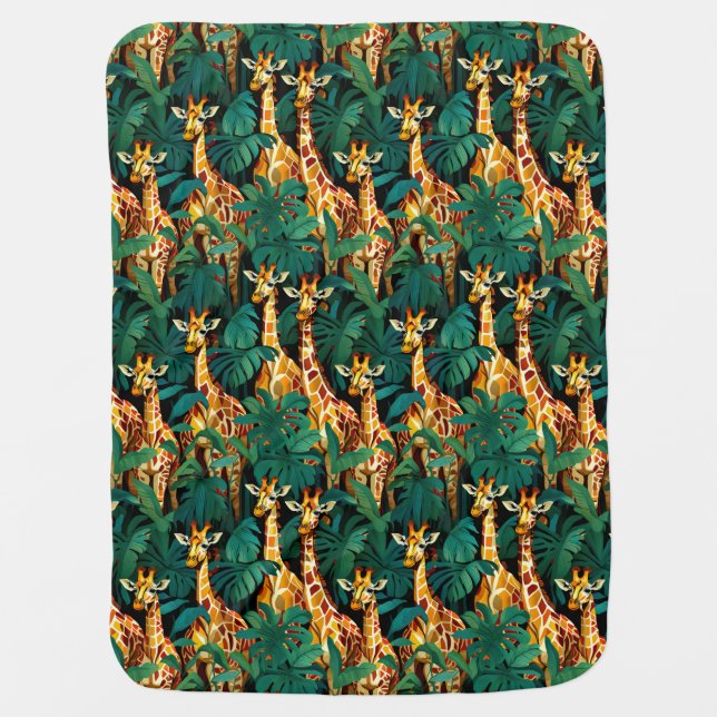 Giraffe Pattern in a Green Leafy Jungle Baby Blanket (Front)