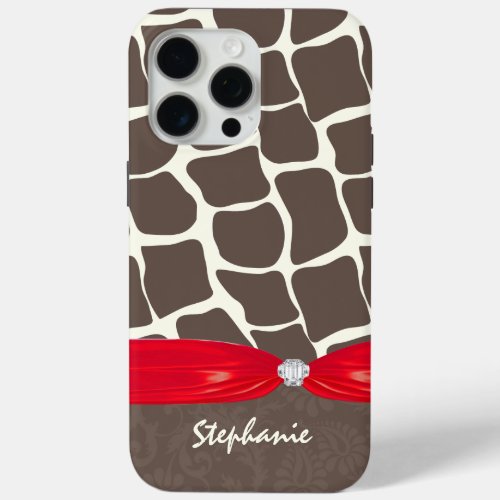 Giraffe Pattern Printed Ribbon and Rhinestone iPhone 15 Pro Max Case