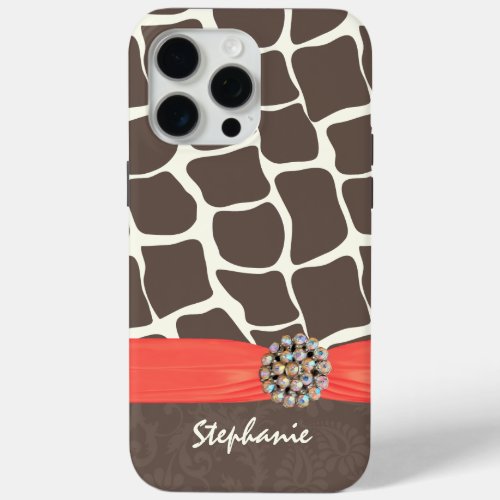 Giraffe Pattern Printed Ribbon and Rhinestone iPhone 15 Pro Max Case