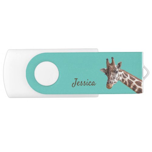 Giraffe Photo on Teal Personalized Name  Flash Drive