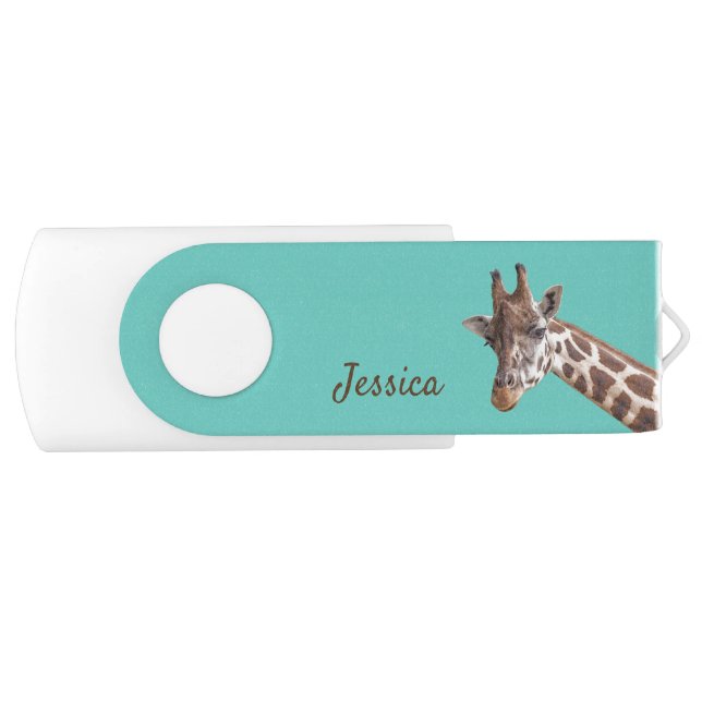 Giraffe Photo on Teal Personalized Name  Flash Drive (Front)