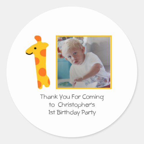 Giraffe Photo Orange and Yellow 1st Birthday  Classic Round Sticker