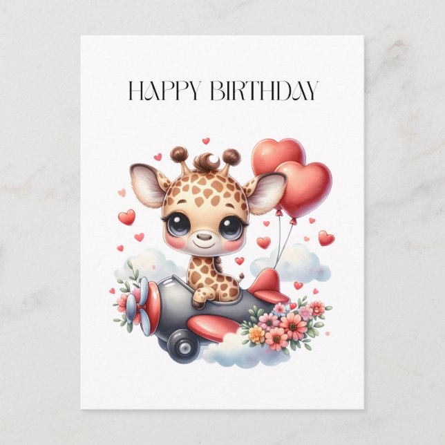 Giraffe Pilot Birthday Announcement Postcard (Front)