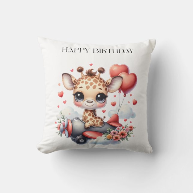 Giraffe Pilot Birthday Throw Pillow (Front)