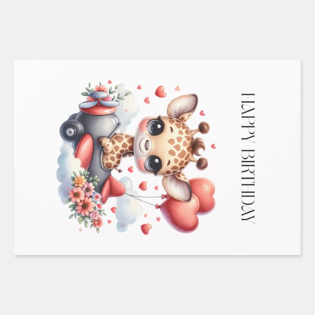 Giraffe Pilot Birthday Wrapping Paper Sheets (Front)