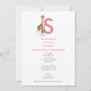 Giraffe Pink Baby Girl Initial Baptism Christening Invitation