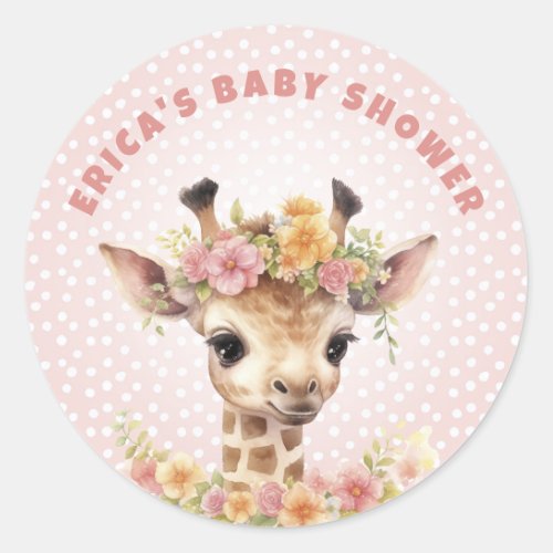Giraffe Pink Baby Girl Shower Sprinkle Wild Jungle Classic Round Sticker