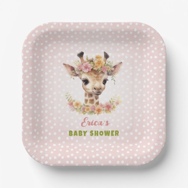 Giraffe Pink Baby Girl Shower Sprinkle Wild Jungle Paper Plates (Front)