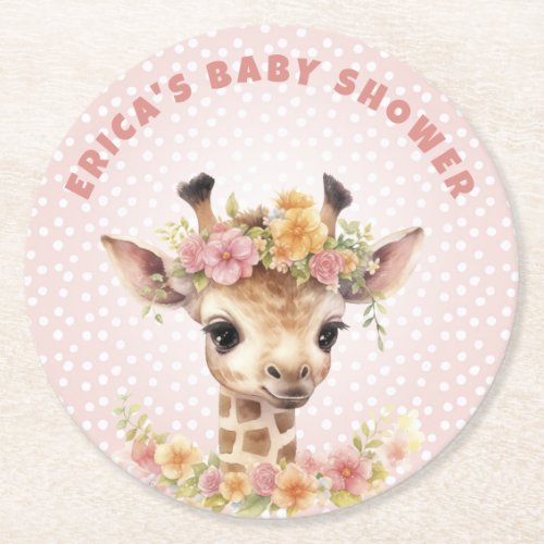 Giraffe Pink Baby Girl Shower Sprinkle Wild Jungle Round Paper Coaster