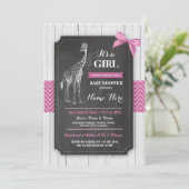 Giraffe Pink Baby Shower Party Girls Wood Invite (Standing Front)