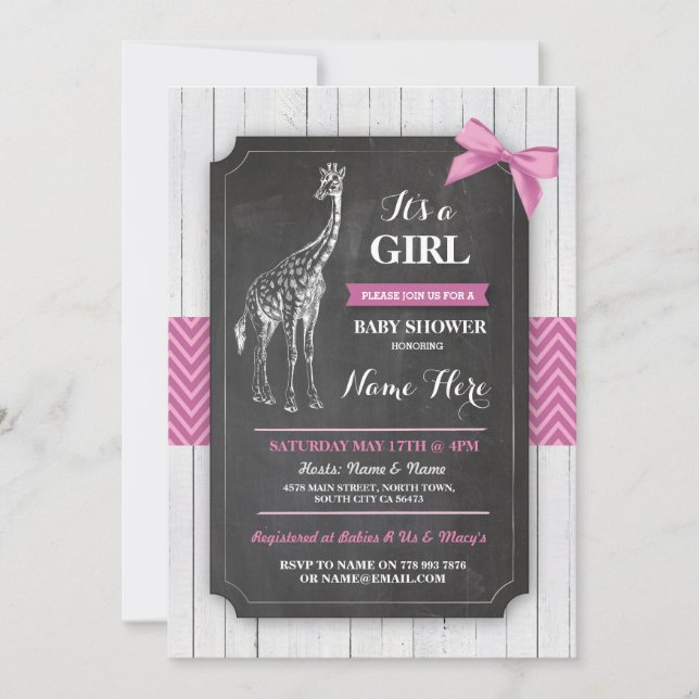 Giraffe Pink Baby Shower Party Girls Wood Invite (Front)