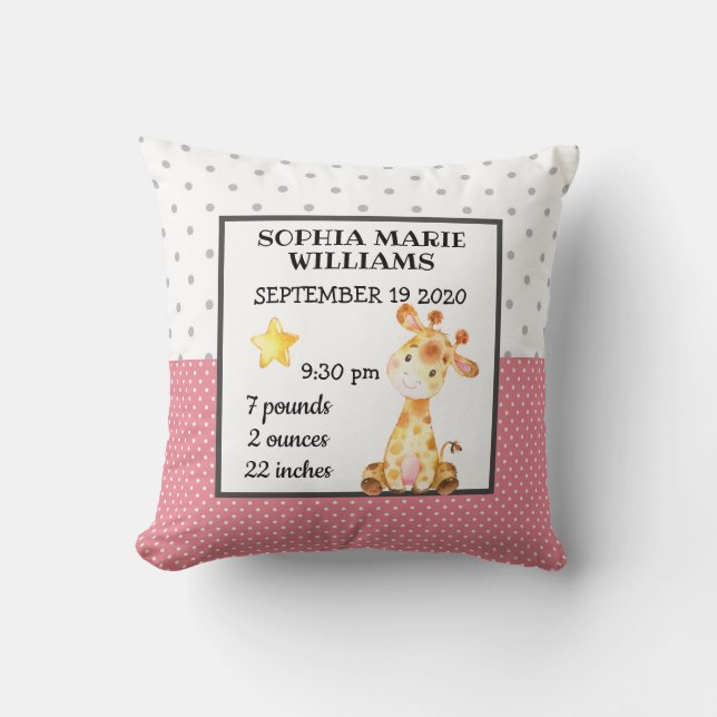 Giraffe Pink Birth Stats Baby Announcement Girl Throw Pillow (Front)