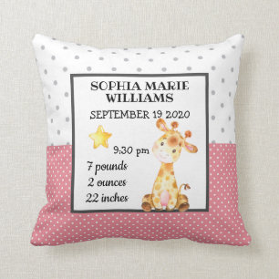 Giraffe Pink Birth Stats Baby Announcement Girl Throw Pillow