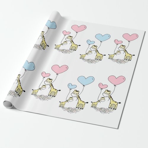 Giraffe Pink Blue Balloon Mama Baby Gender Reveal Wrapping Paper